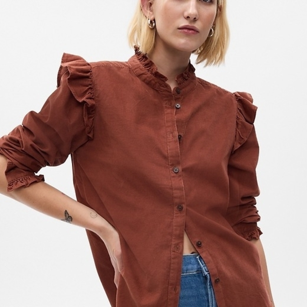 GAP Ruffle-Trim Button Down Shirt in Rust Brown